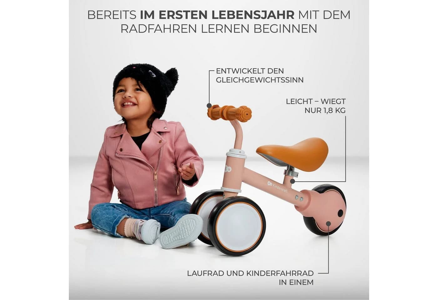Kinderkraft Laufrad CUTIE - Beiges Minidreirad mit höhenverstellbarem Sattel