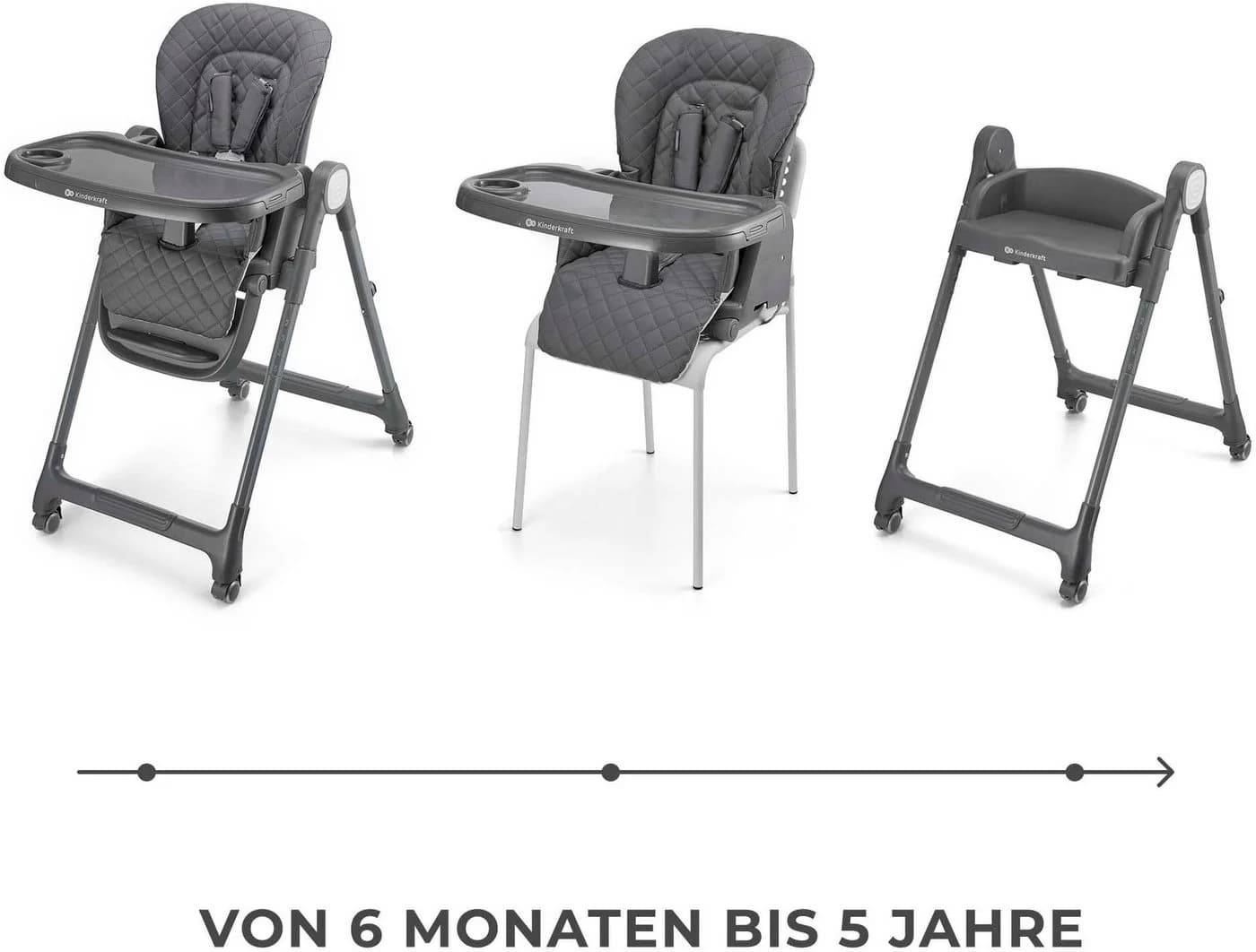 KINDERKRAFT TULO Hochstuhl Grau 3-in-1 mit Rollen