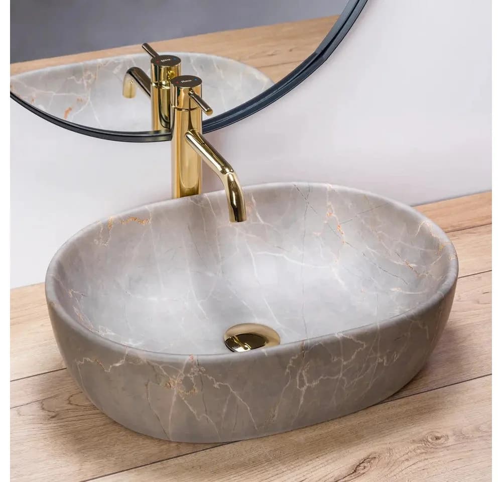 wohnwerk.idee Aufsatzwaschbecken oval Steinoptik Keramik beige
