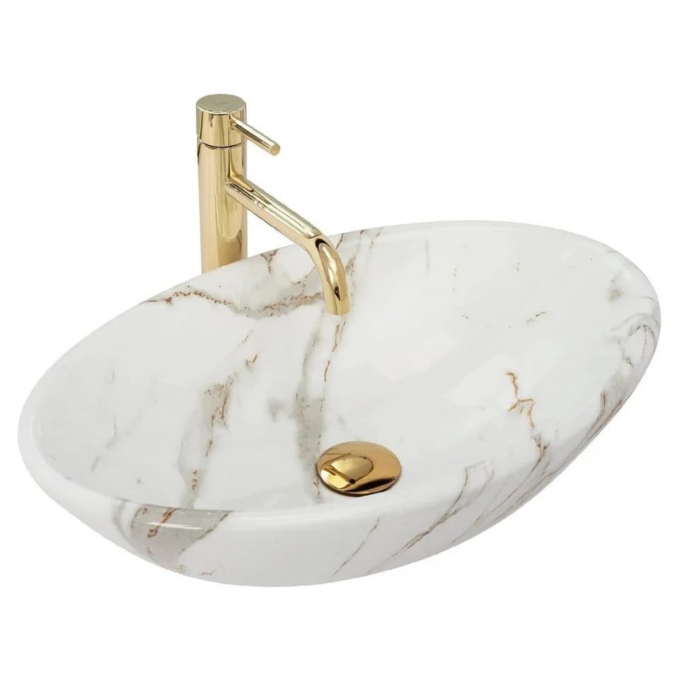 wohnwerk.idee Aufsatzwaschbecken Marmor Optik Weiß Gold Pamela Aiax Luxus Design - Bild 2