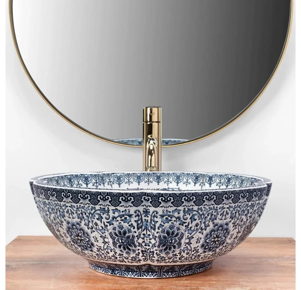 wohnwerk.idee Aufsatzwaschbecken Vintage Orientalisch Blau-Weiß mit Armatur