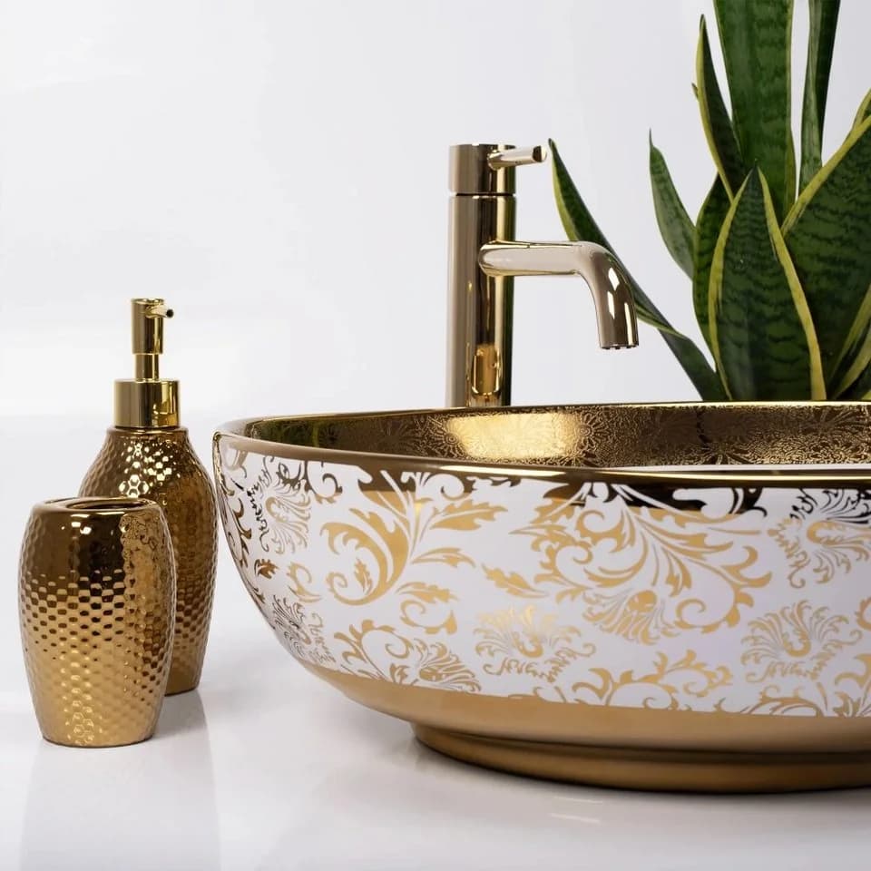wohnwerk.idee Aufsatzwaschbecken Margot Schwarz Weiß Türkis Gold Orientalisch