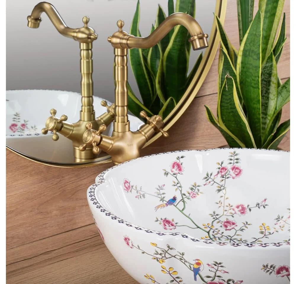 wohnwerk.idee Aufsatzwaschbecken Weiß Vintage Blumenmotiv