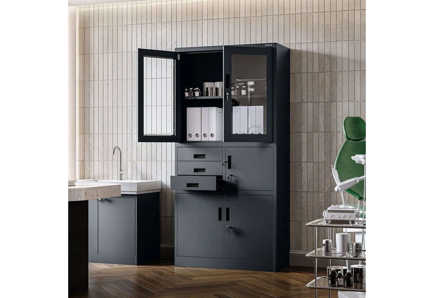 Jan Nowak Aktenschrank Metall mit Tresor und Glasvitrine Anthrazit - Bild 4