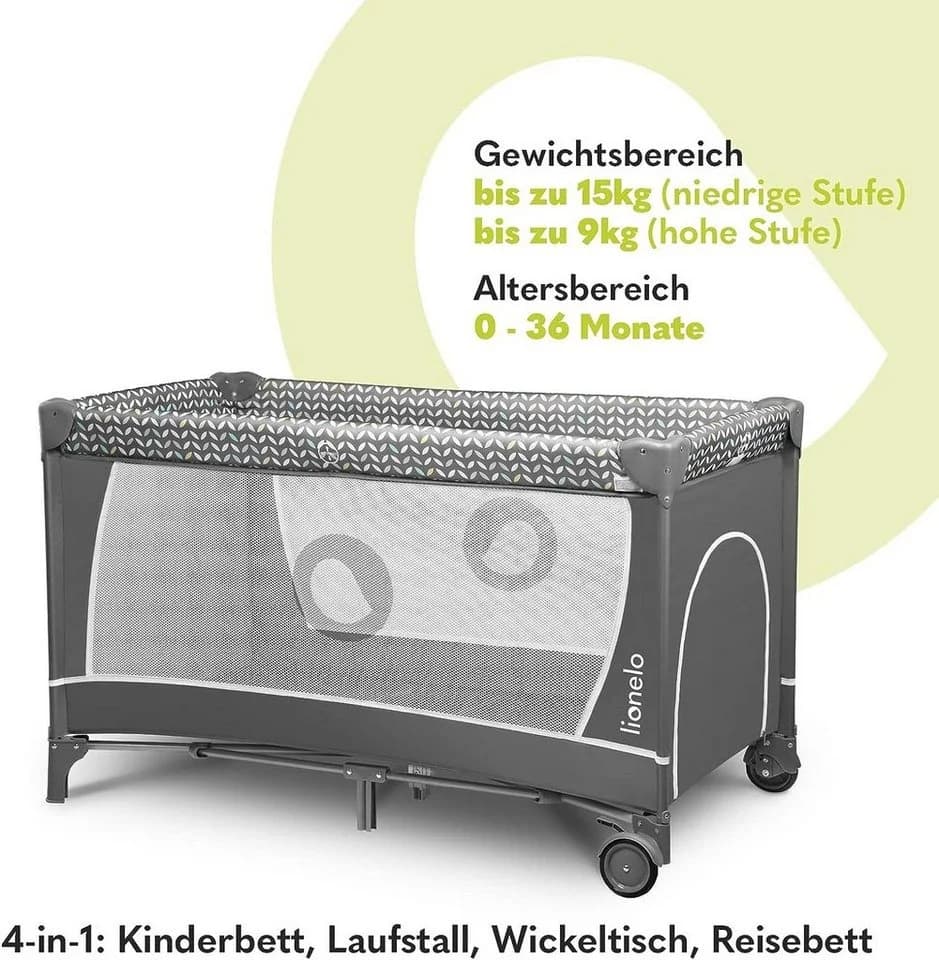 Lionelo Baby-Reisebett FLOWER Grau 4-in-1 Laufstall Wickeltisch