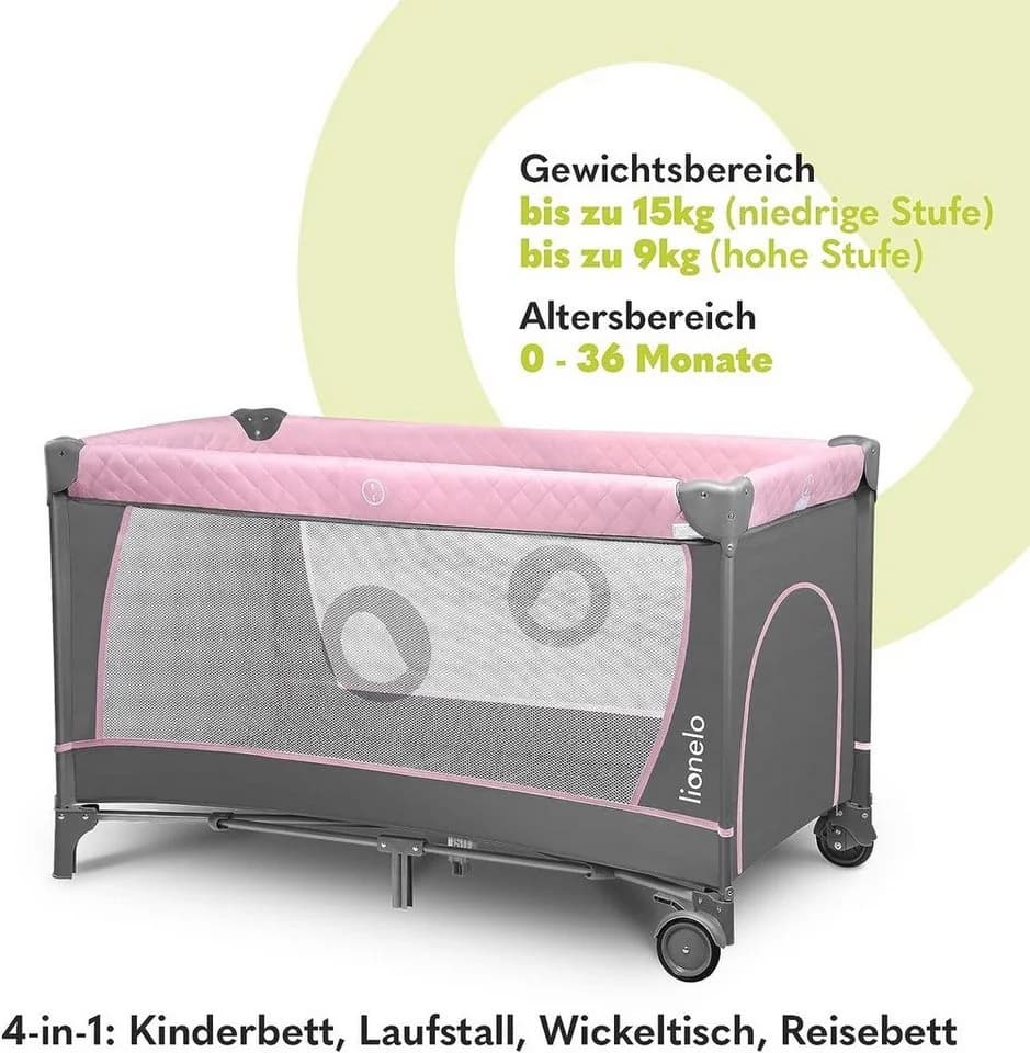 Lionelo Baby-Reisebett FLOWER 4in1 Rosa Laufstall Wickeltisch