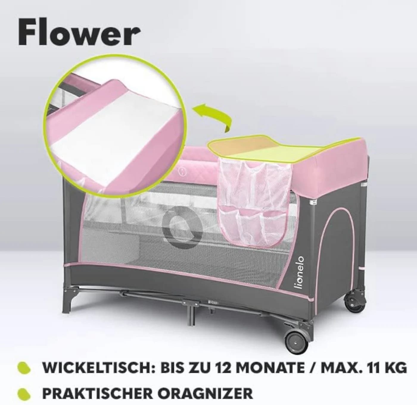 Lionelo Baby-Reisebett FLOWER 4in1 Rosa Laufstall Wickeltisch - Bild 3