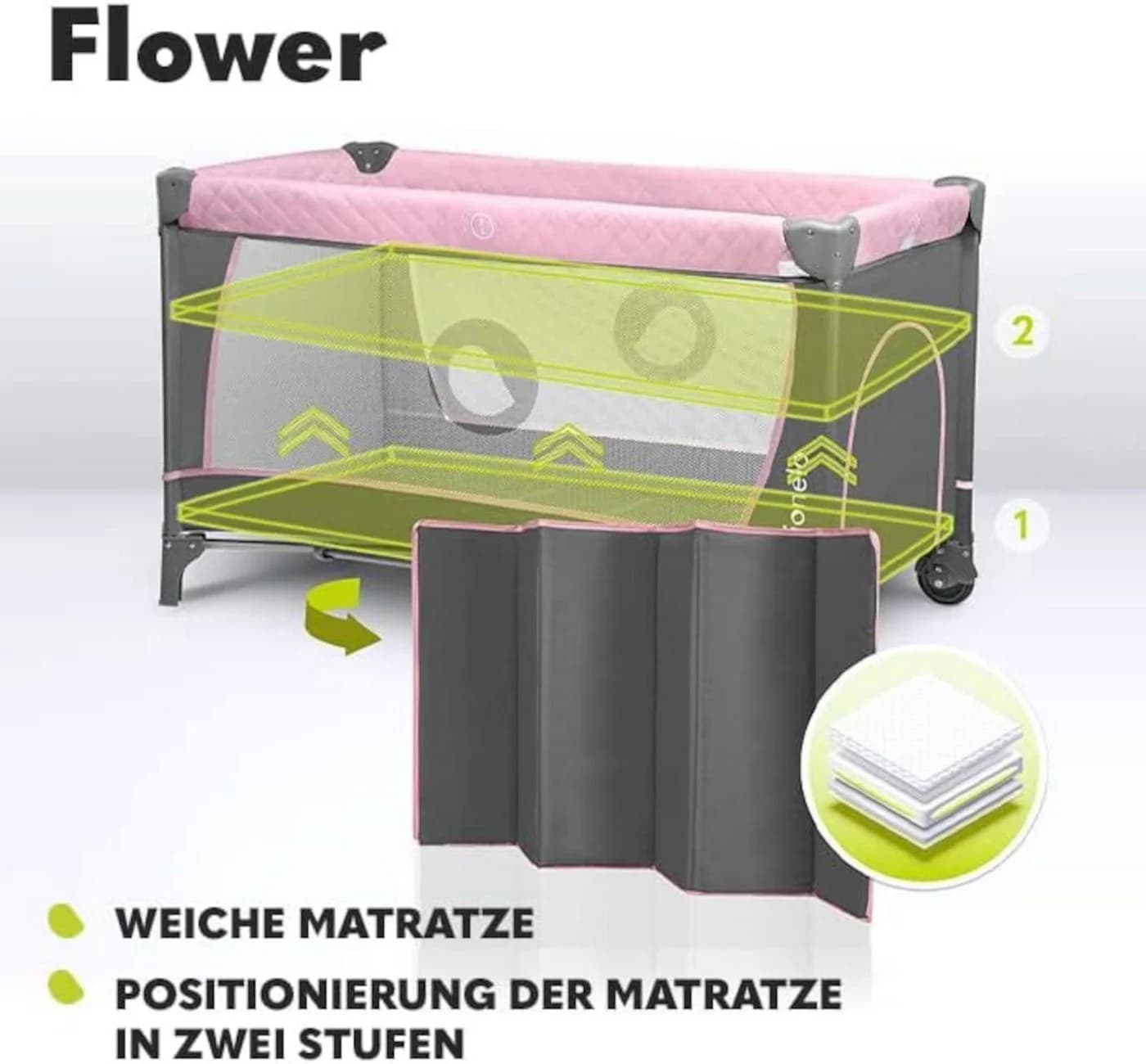 Lionelo Baby-Reisebett FLOWER 4in1 Rosa Laufstall Wickeltisch - Bild 4