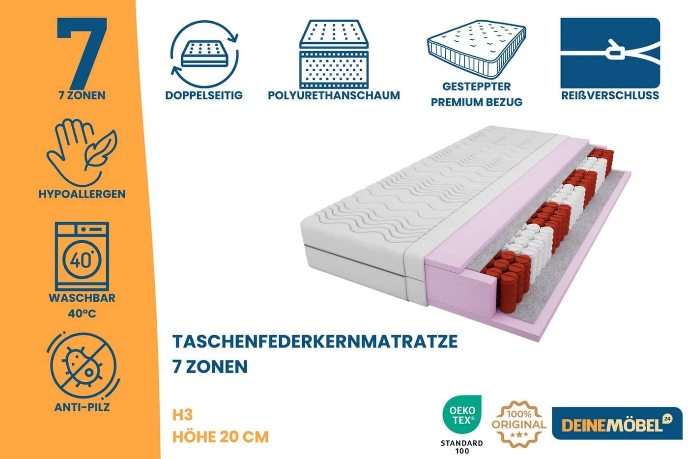 Taschenfederkernmatratze 7-Zonen 20 cm Deine Möbel 24