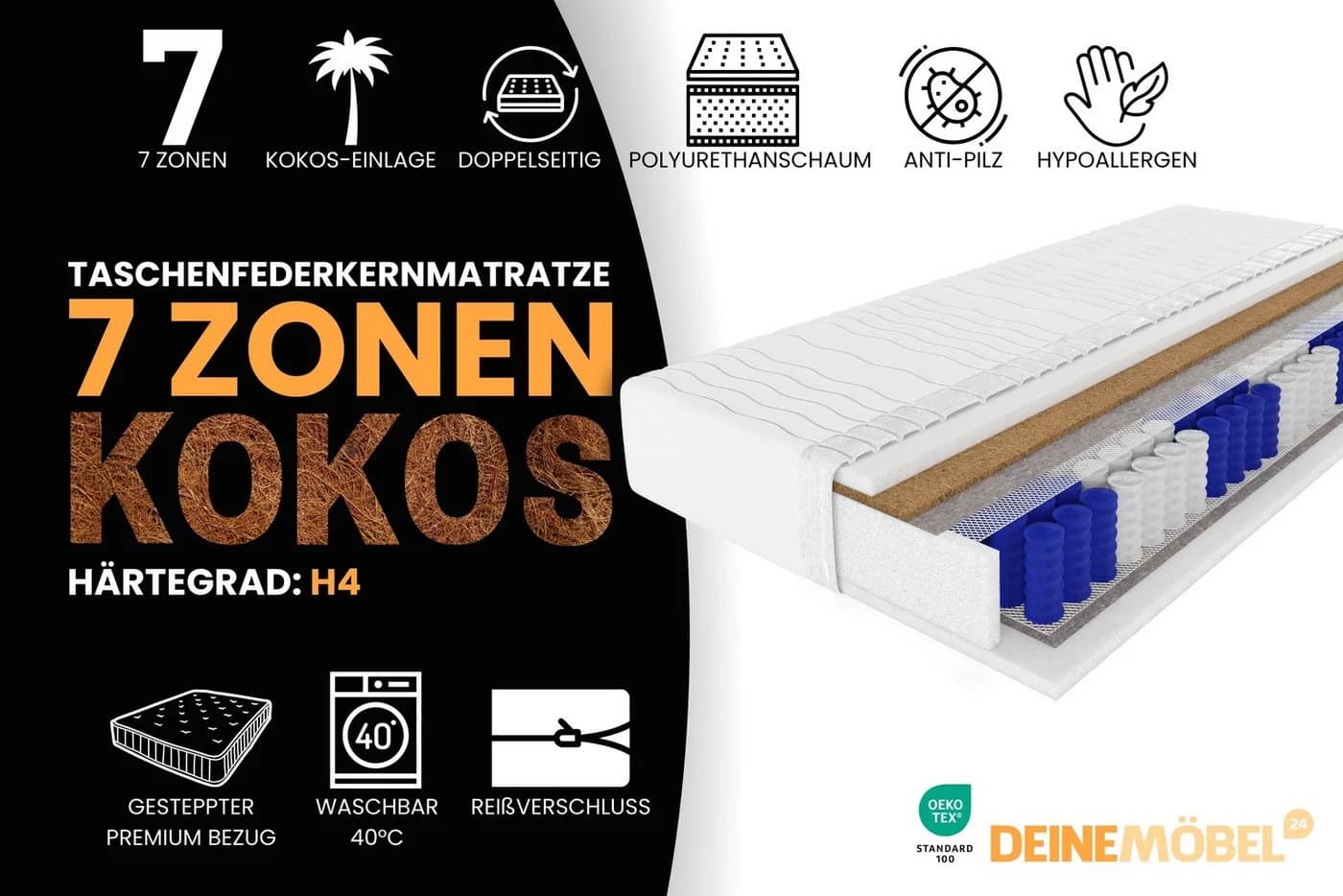 Deine Möbel 24 Taschenfederkernmatratze 7-Zonen H4 Kokos 20 cm