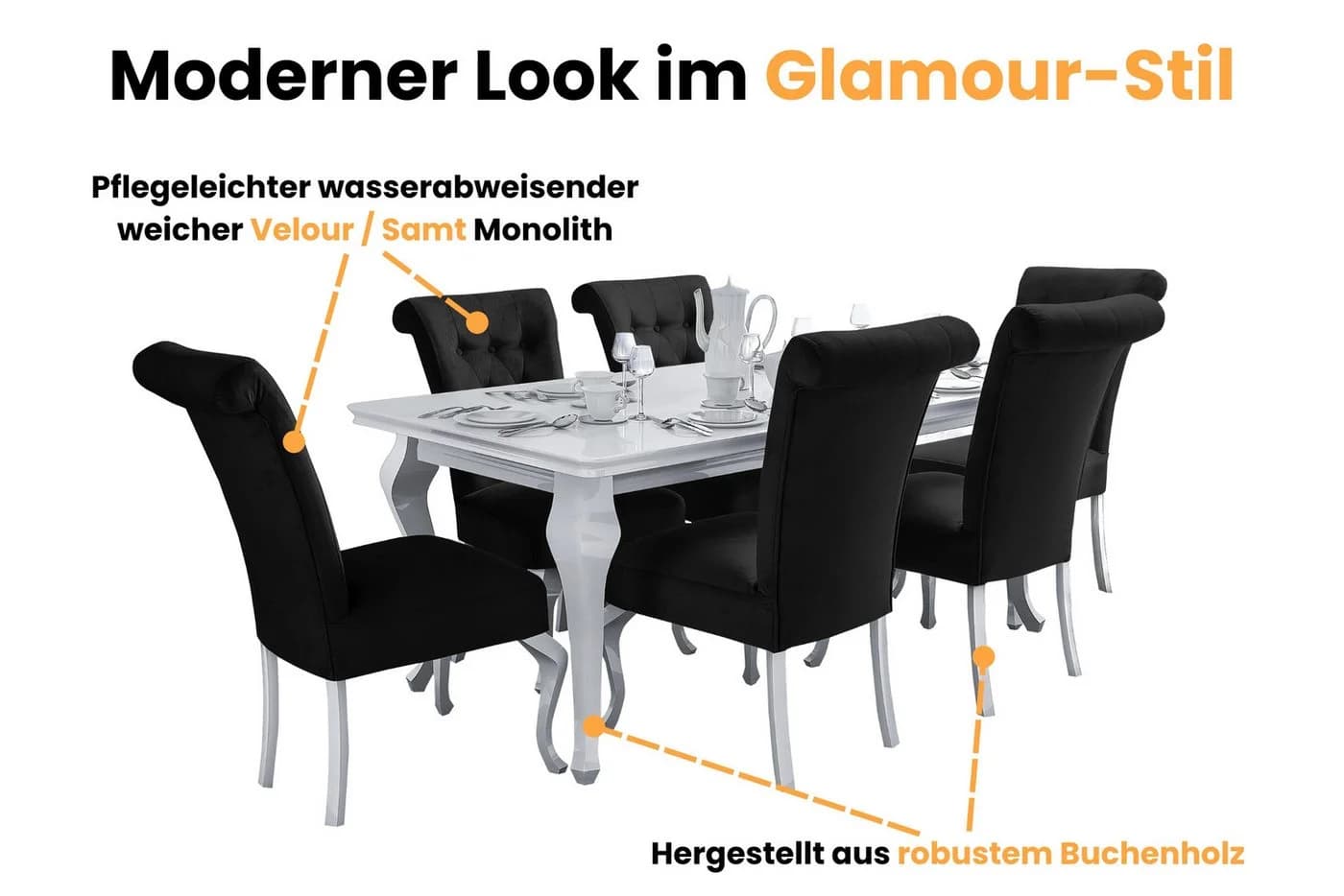 Deine Möbel 24 Essgruppe LUISE 7-tlg. Weiß/Samt Schwarz - Bild 4