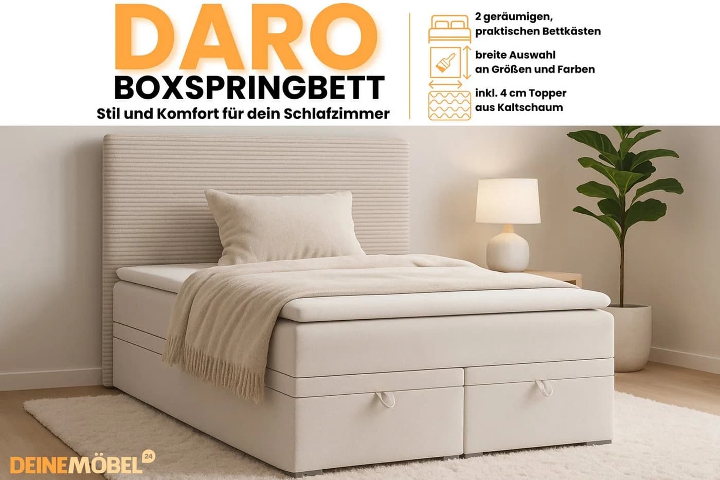 Deine Möbel 24 Boxspringbett DARO mit Matratze H4 & Topper - Bild 3