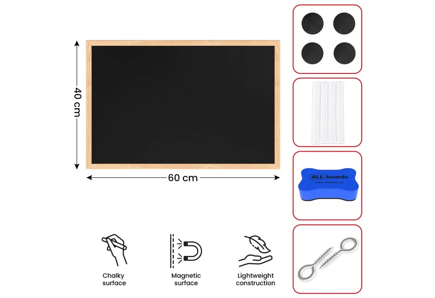 ALLboards Magnetische Kreidetafel Schwarz mit Naturholzrahmen