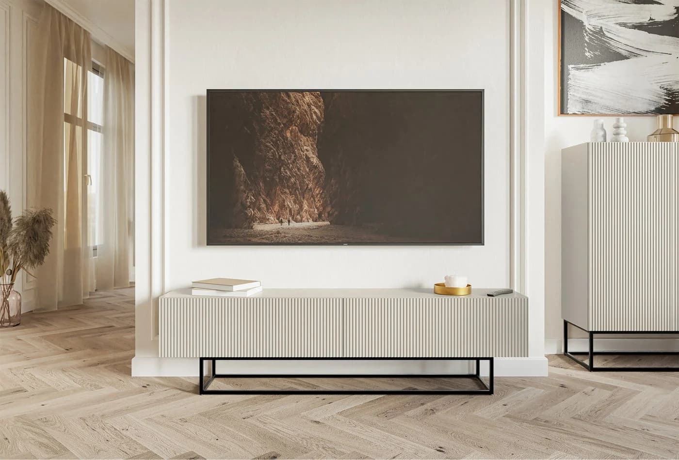 Selsey TV-Lowboard Veldio 175 cm mit Riffelfronten und Metallgestell