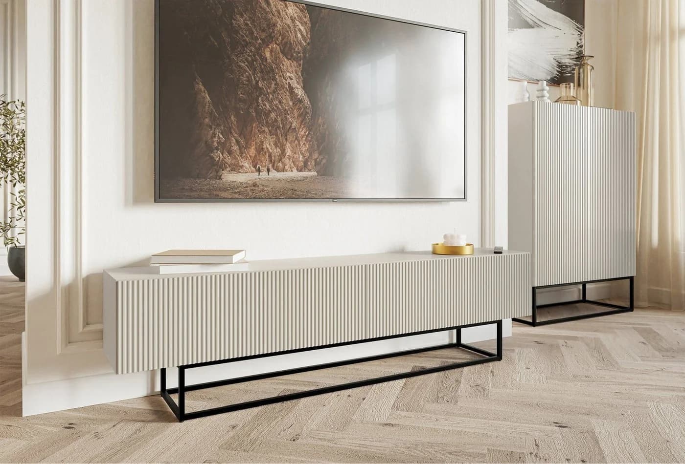 Selsey TV-Lowboard Veldio 175 cm mit Riffelfronten und Metallgestell - Bild 3