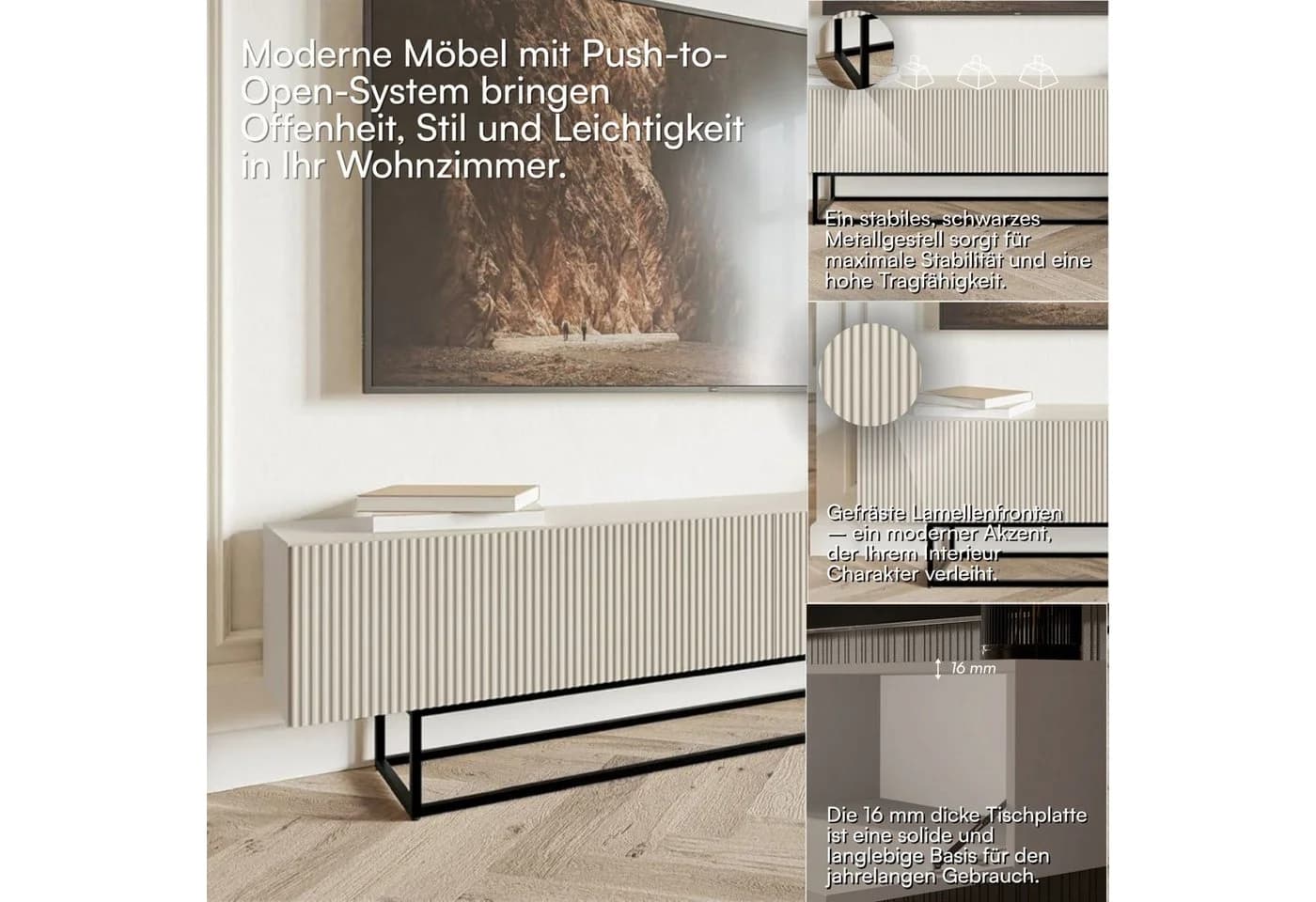 Selsey TV-Lowboard Veldio 175 cm mit Riffelfronten und Metallgestell - Bild 5