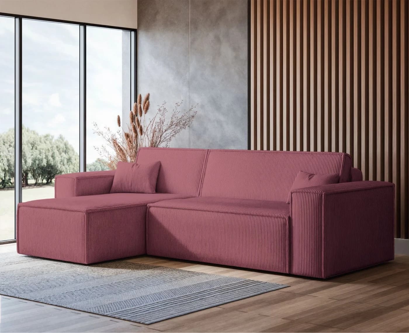Selsey Ecksofa SCARLO mit Schlaffunktion, Bettkasten und Cordbezug Schwarz