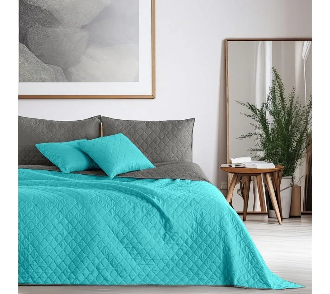 DecoKing Tagesdecke Wendedesign Polyester Türkis-Stahl Steppung