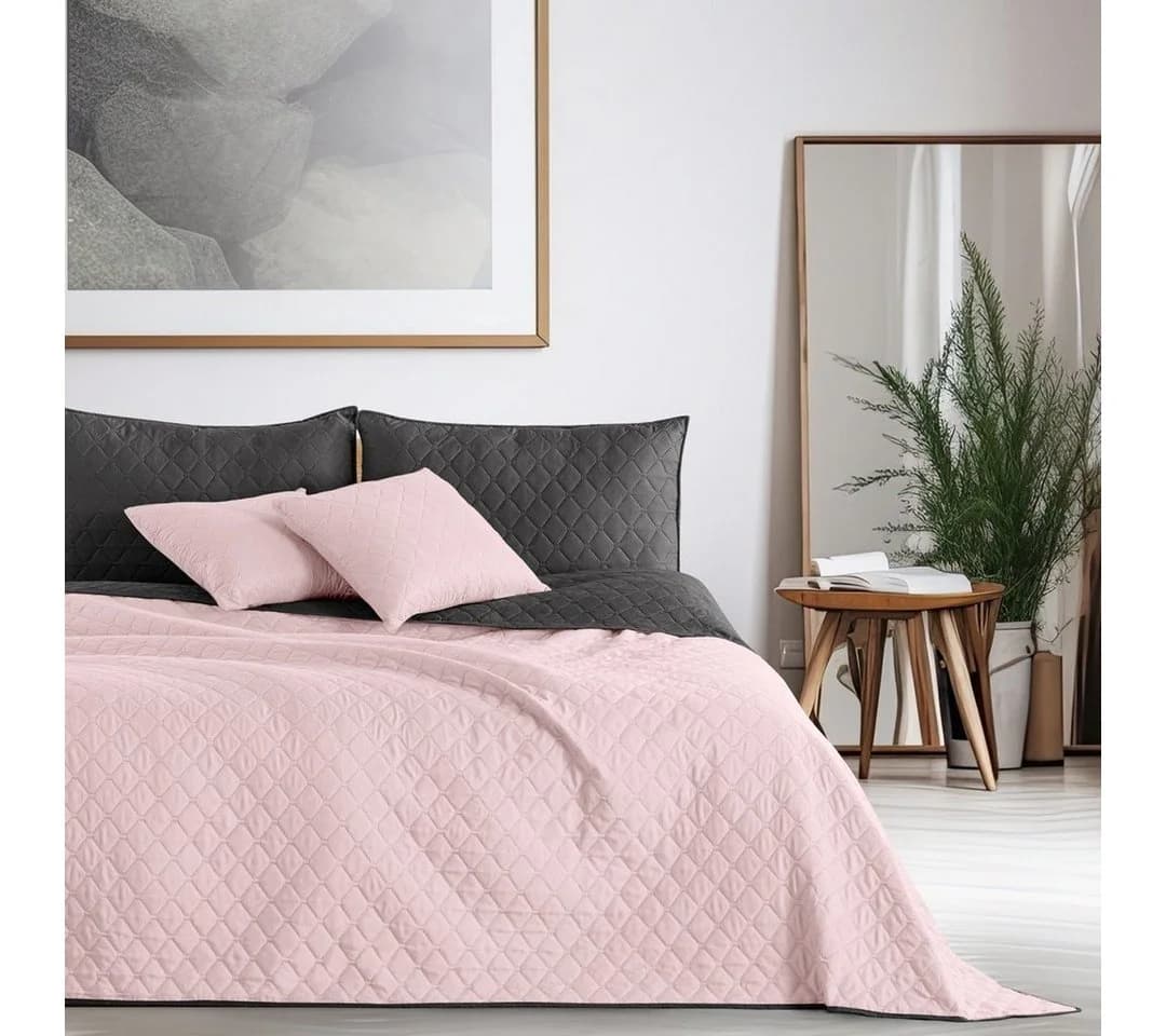 DecoKing Tagesdecke Bettüberwurf Wendedesign Rosa Anthrazit Steppung