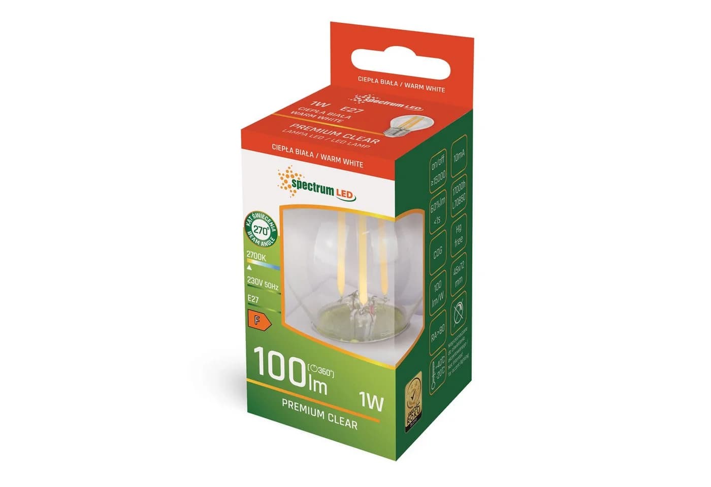 Spectrum LED-Leuchtmittel E27 G45 Filament Klar 1W Warmweiß 2700K