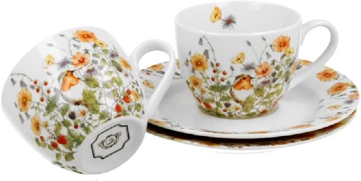 Duo-Gift Tasse Set 4-tlg. Espressotassen Porzellan Vogel Blumen Motiv