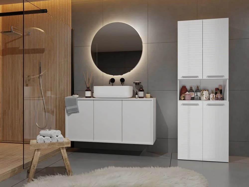 MAGOWA Badkommode NEL Weiß Hochglanz Moderner Badezimmerschrank mit Wäschekorb - Bild 3