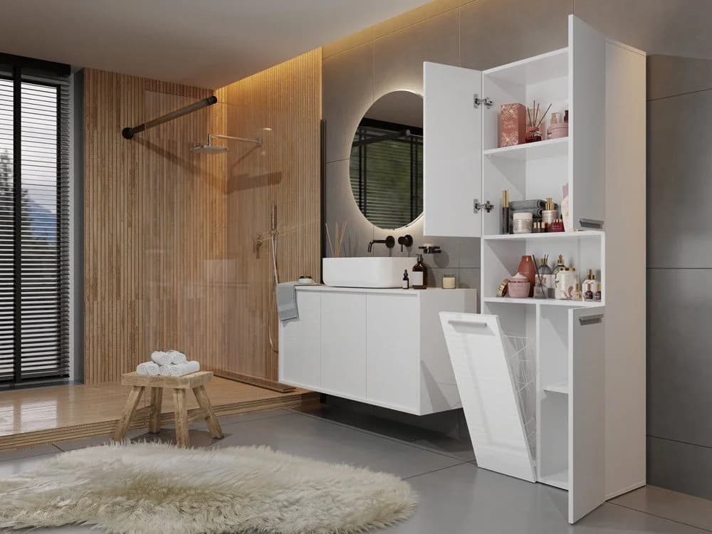 MAGOWA Badkommode NEL Weiß Hochglanz Moderner Badezimmerschrank mit Wäschekorb - Bild 4