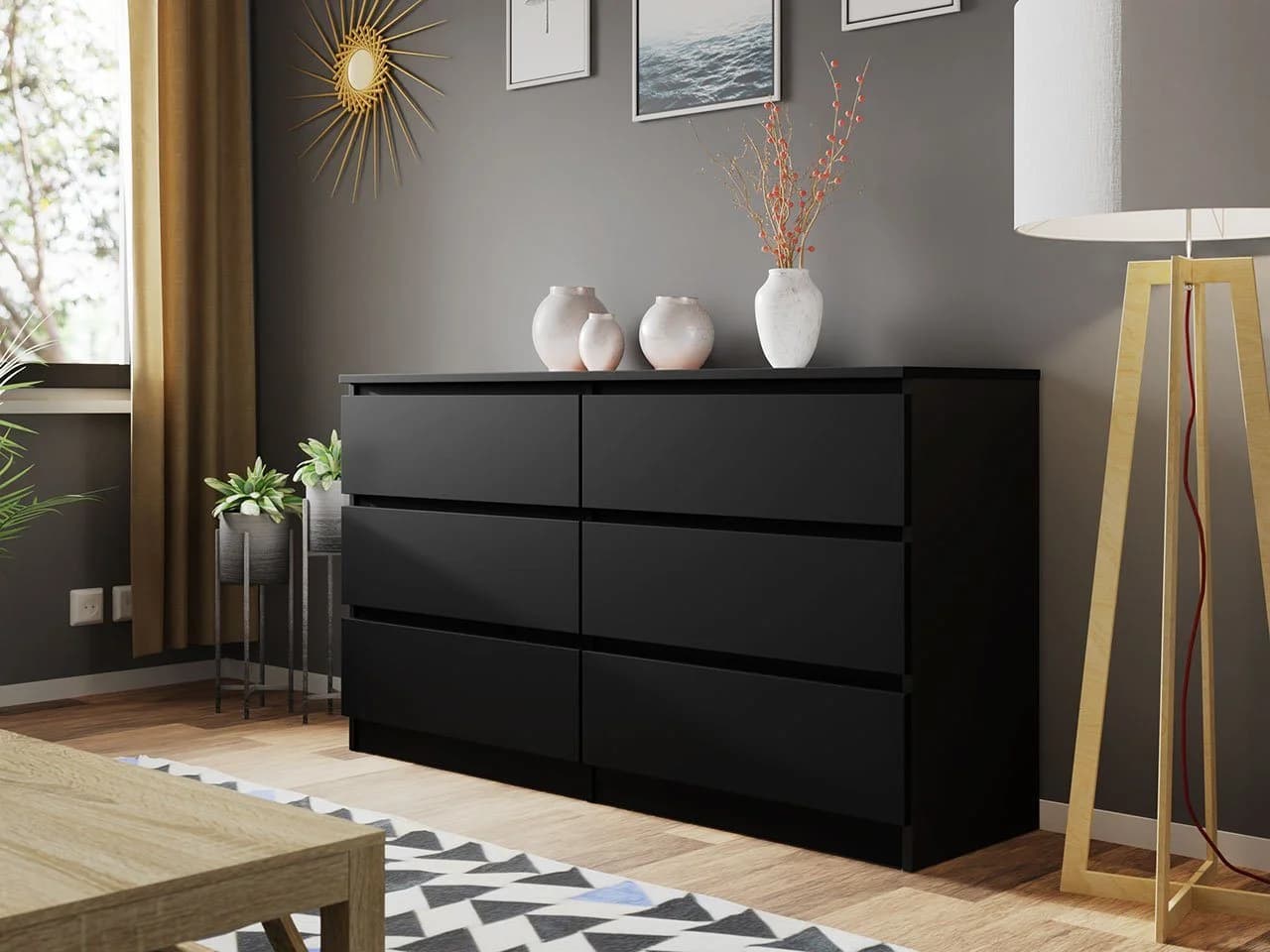 MIRJAN24 Kommode Malwa M6 140 Schwarz 6 Schubladen