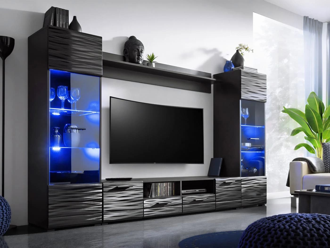 MIRJAN24 Wohnwand Modica 4er-Set Schwarz LED RGB