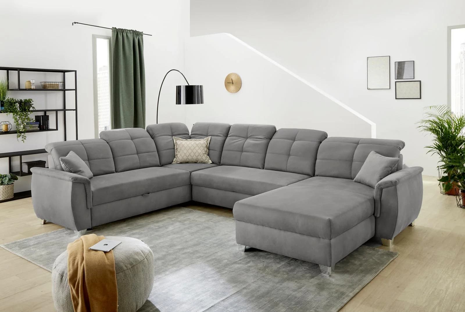 Wohnlandschaft Livorno U-Form Grau mit Bettfunktion und Kopfteilverstellung