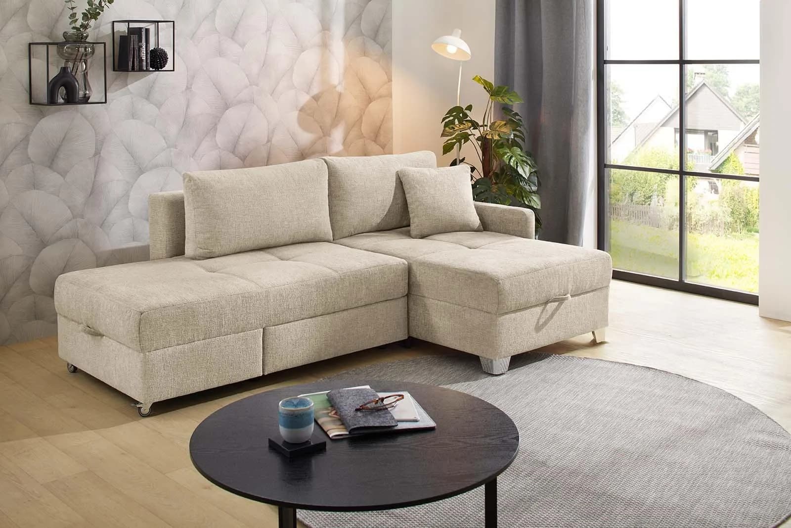 Jockenhöfer Ecksofa Lemberg L-Form mit Dreh-Schwenk-Ottomane Beige