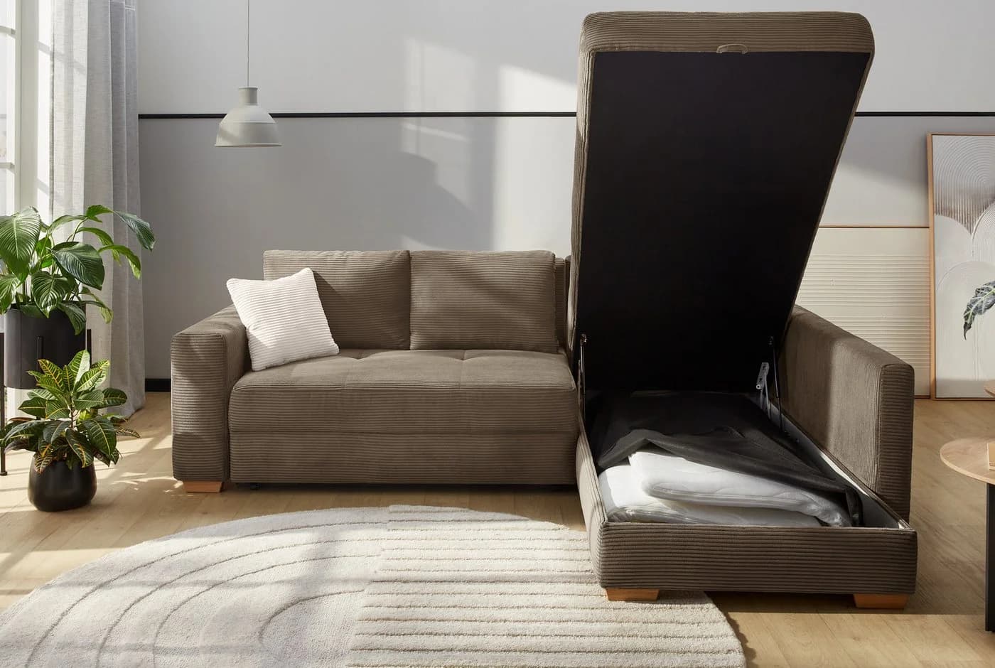 Jockenhöfer Ecksofa Sunset L-Form Taupe mit Bettfunktion