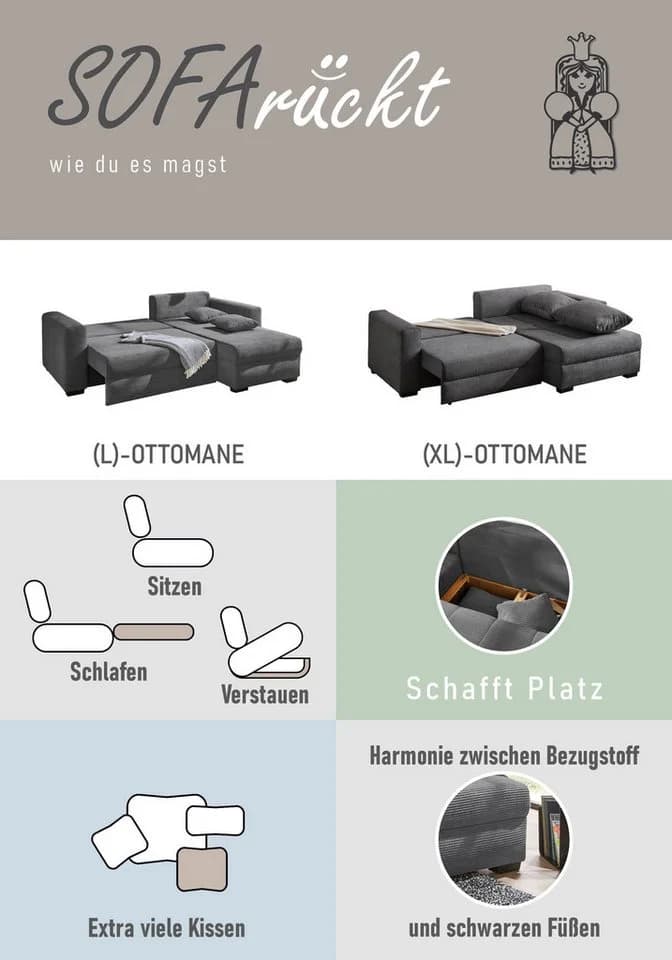 Jockenhöfer Gruppe Ecksofa Elmau XL L-Form Grau mit Bettfunktion - Bild 5