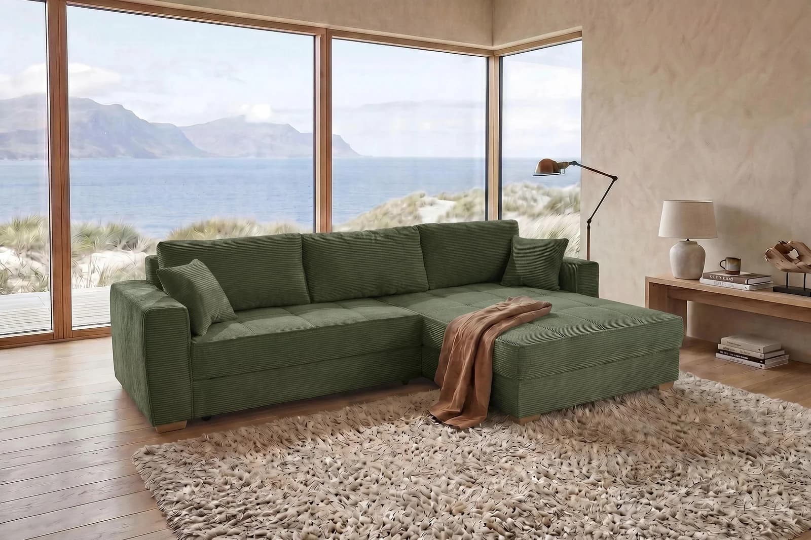 Jockenhöfer Ecksofa Bologna L-Form Cord Grün mit Bettfunktion