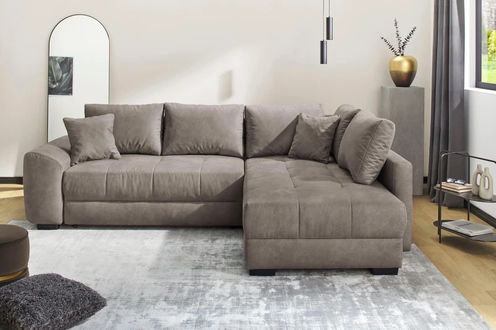 Jockenhöfer Ecksofa Amalfi L-Form hellbraun mit Bettkasten & Topper