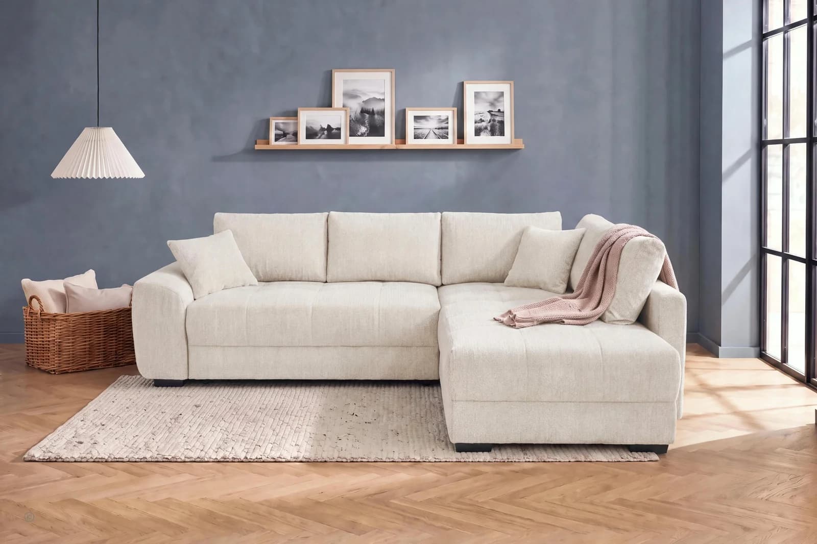 Jockenhöfer Ecksofa Amalfi L-Form Beige Chenille mit Bettkasten & Topper