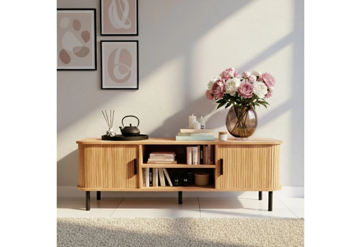 EDAXO Regal TV-Schrank SCAVA, geriffelt, Lamellenfront, Schiebetüren - Bild 2