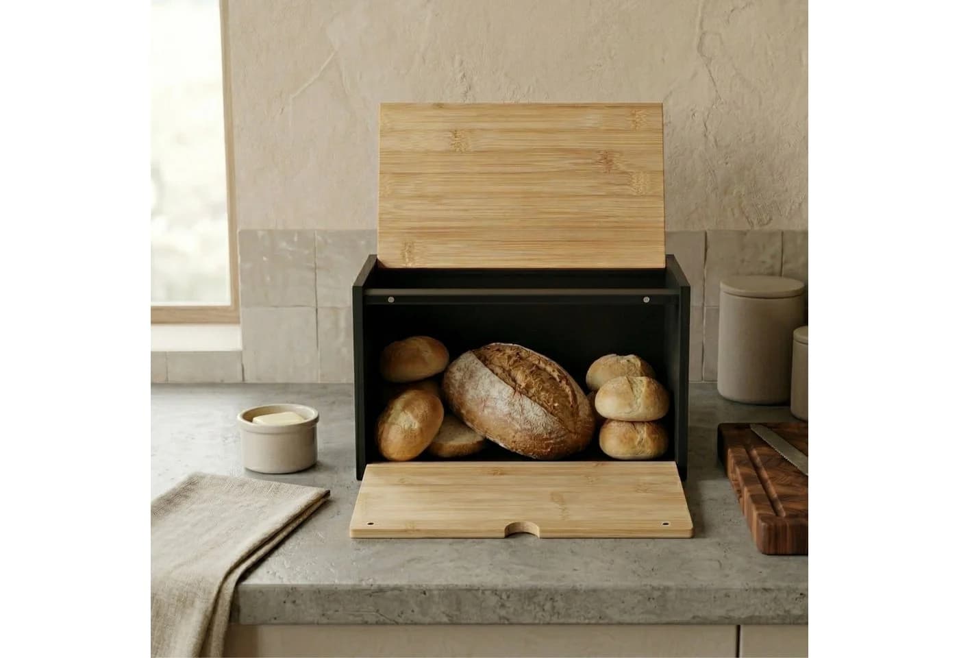 AROMELIO Brotkasten CADRE Bambus Beige/Braun Beidseitig Öffnbar
