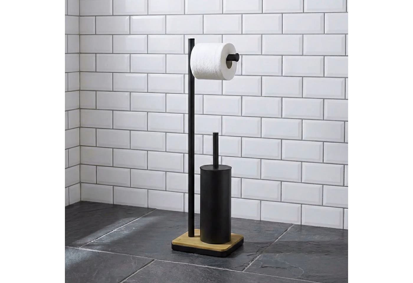NUXIO WC-Garnitur mit Toilettenpapierhalter und Bambus-Bodenplatte IVLO Schwarz
