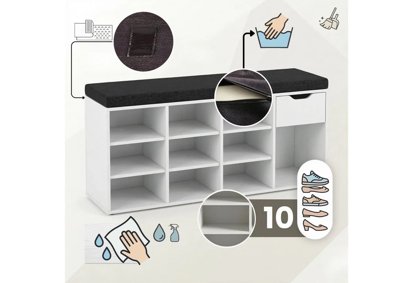 BOXIMO Schuhschrank mit Sitzfläche und 10 Regalen Weiß - Bild 5