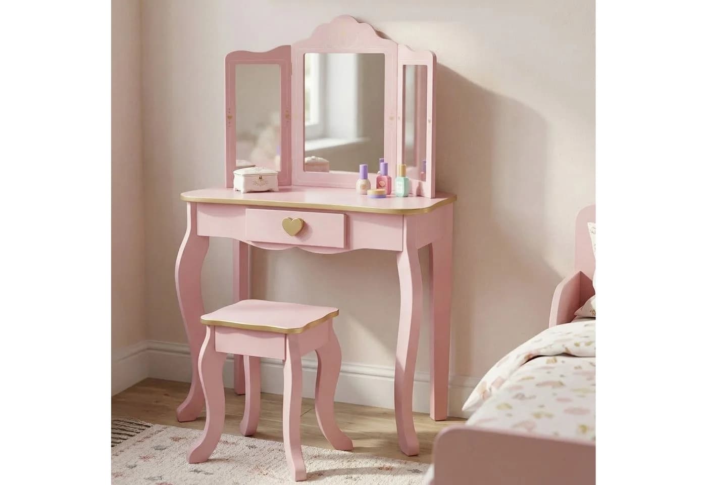 BOXIMO Kinderschminktisch REIA mit Spiegel und Hocker Set Rosa