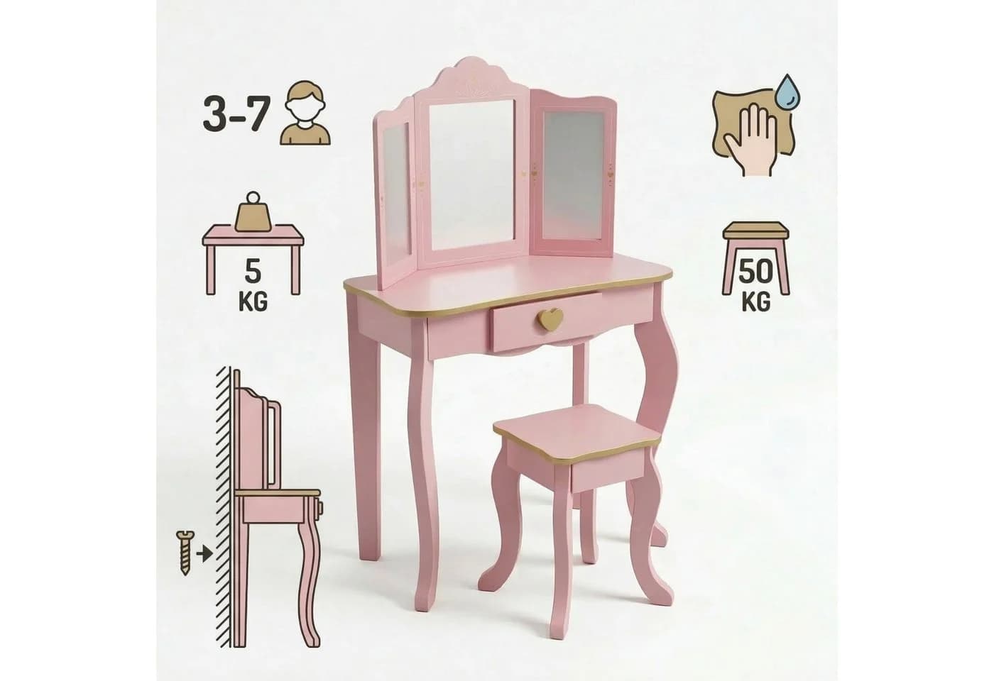 BOXIMO Kinderschminktisch REIA mit Spiegel und Hocker Set Rosa - Bild 4