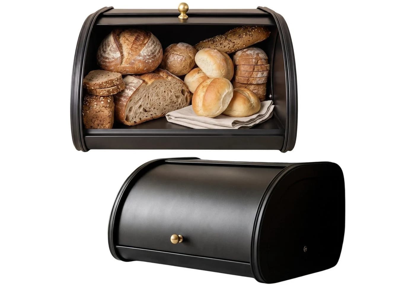 AROMELIO Brotkasten Metall mit Rolldeckel Schwarz