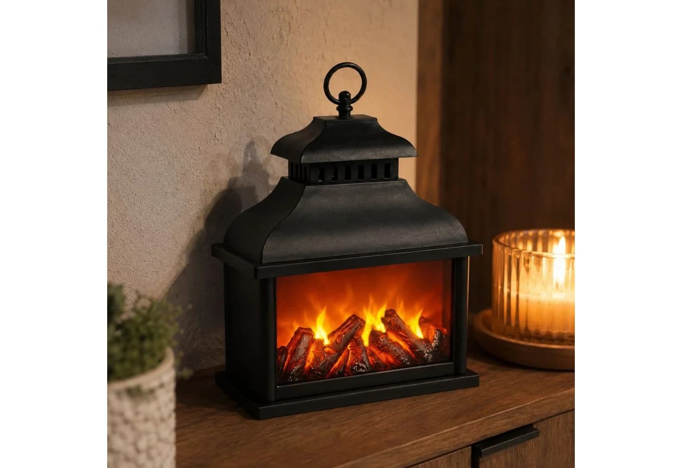 TWILUX LED-Kaminlaterne Vintage Schwarz mit Batteriebetrieb