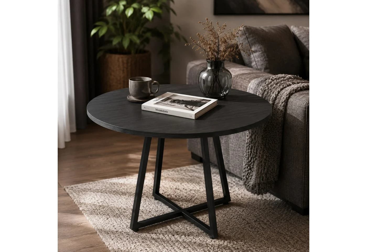 SCENA LIVING Küchentisch Schwarz Runder Tisch Kreuzfuß Ø 80 cm