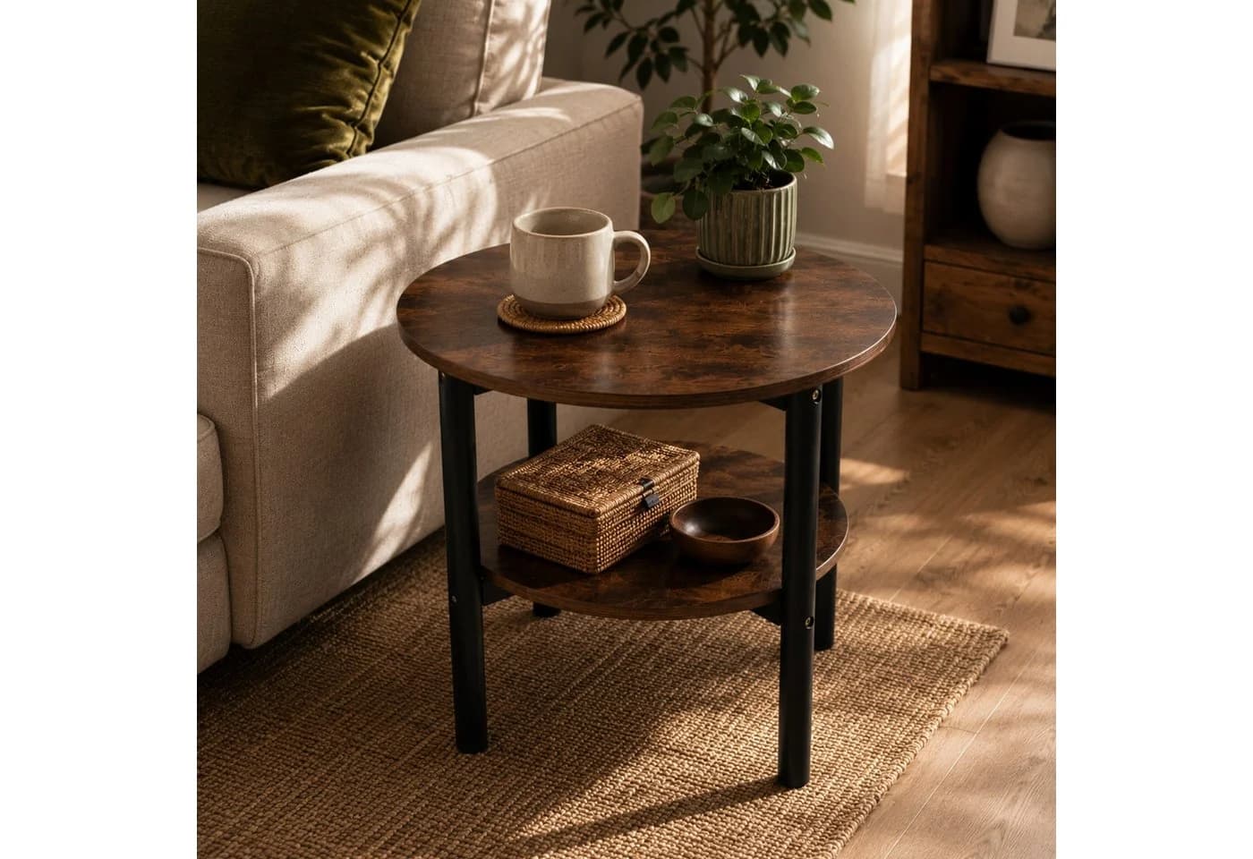 SCENA LIVING Runder Couchtisch zweistöckig MDF Kiefernholz