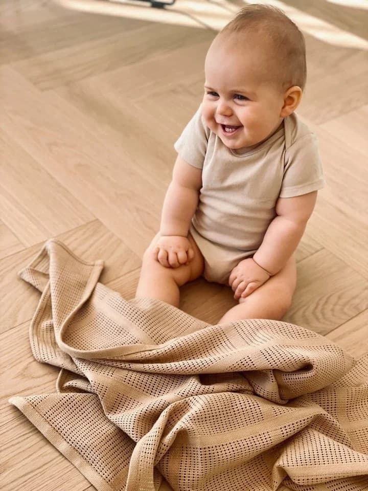 BABEES Babydecke 100% Baumwolle Beige Handgenäht