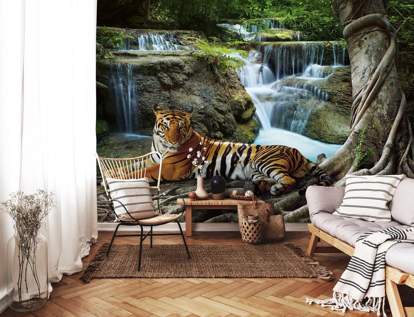 Wallarena Fototapete Wasserfall Tiger Tiere Wald Natur Landschaft
