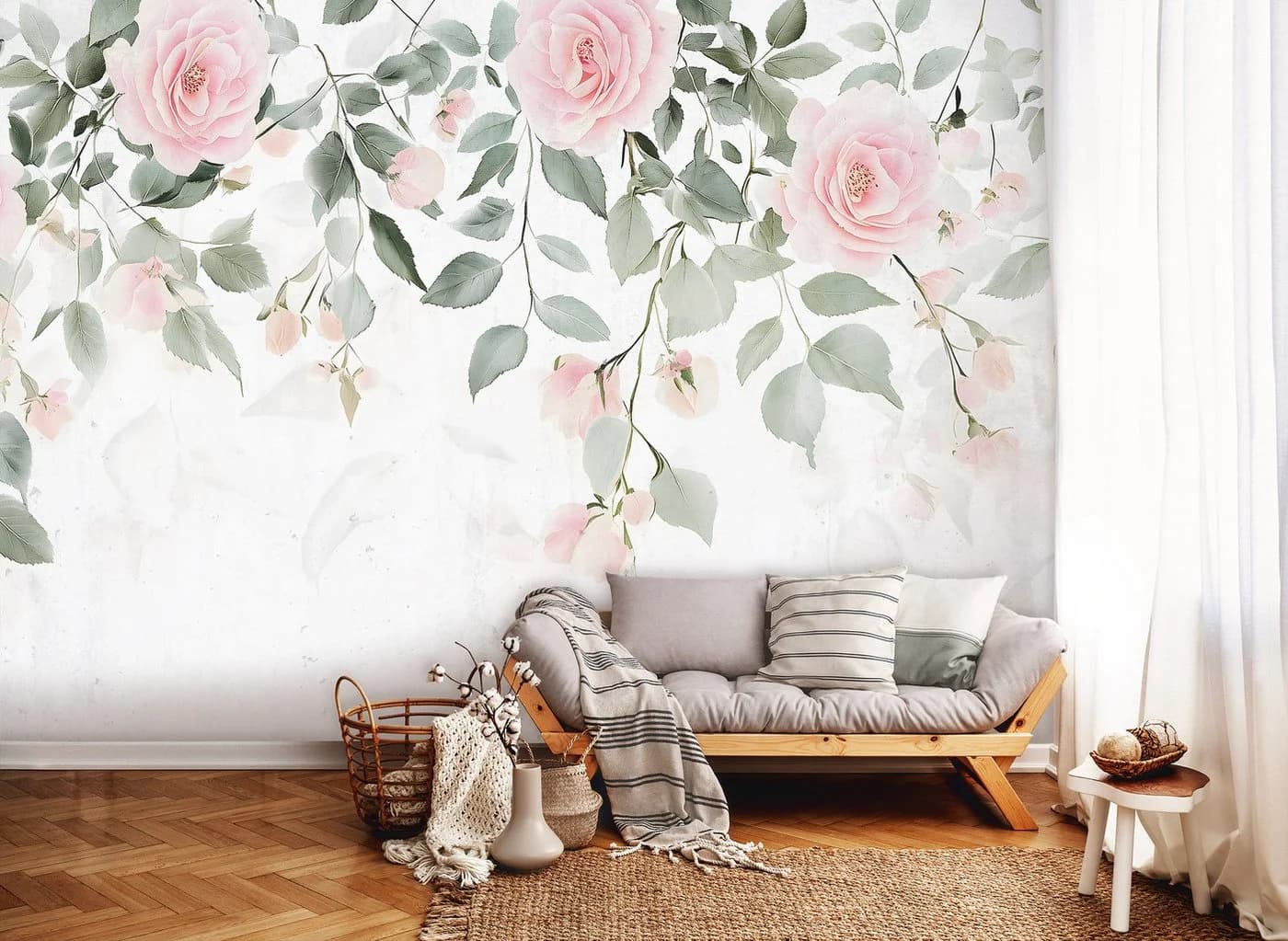 Wallarena Vlies-Fototapete Blätter Blumen Rosa Grün