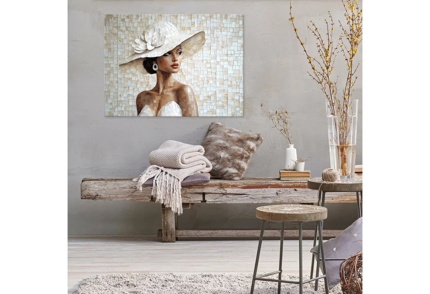 Wallarena Leinwandbild Frau Hut Weiß Elegant Modern XXL 100x75